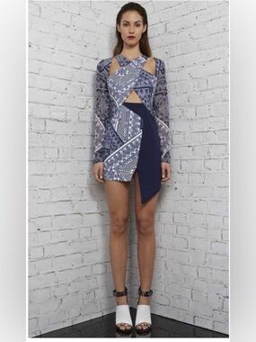 Premonition Moroccan Muse Navy & White Patterned Cutout Long Sleeve Mini Dress
